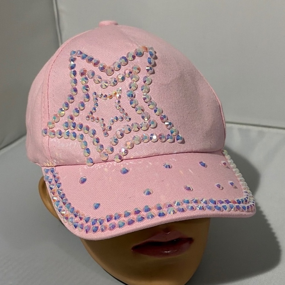 Elli by Capelli Pink Rhinestone Star Baseball Cap Hat Adjustable Iridescent Gems